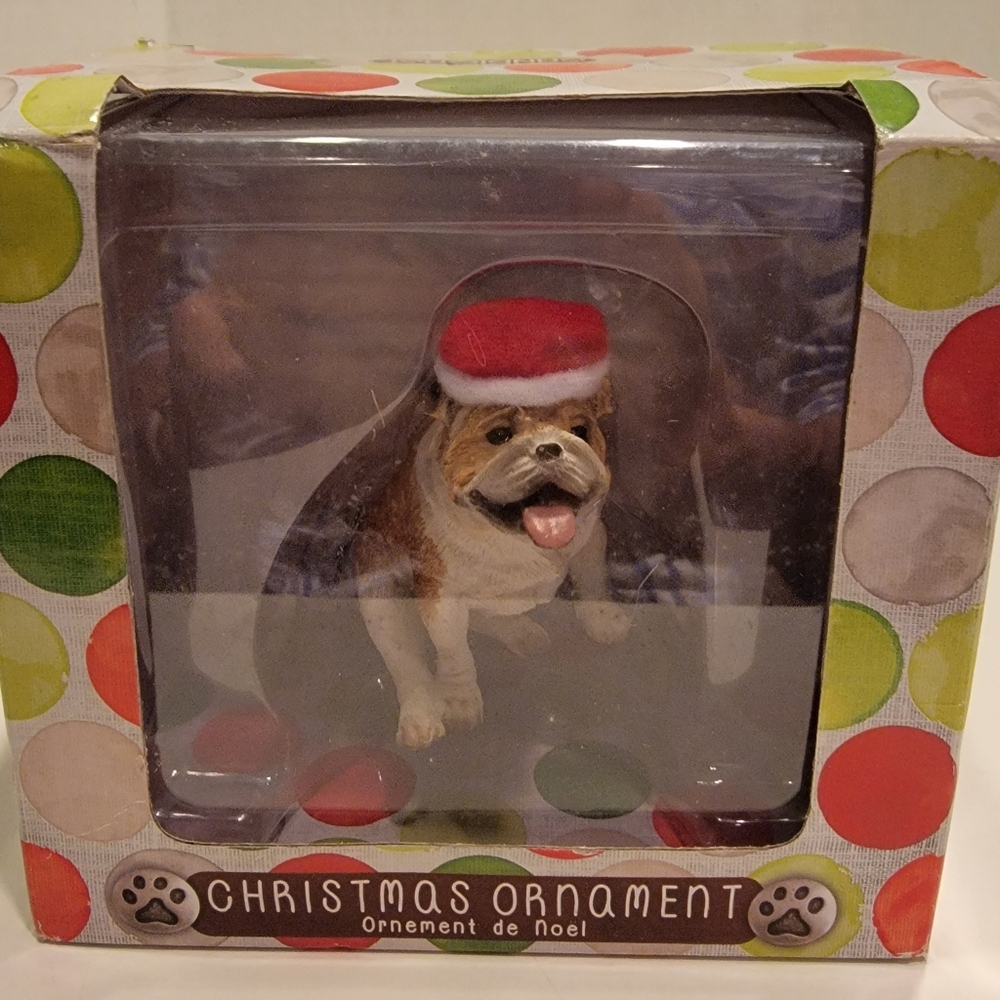 Sandicast Fawn Bulldog with Santa Hat Handpainted Christmas Ornament New
